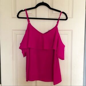 Bright Fuchsia Ruffle Cold-Shoulder Tank Top